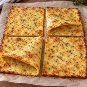 Thin golden cottage cheese flatbread cut into flexible herb-speckled squares