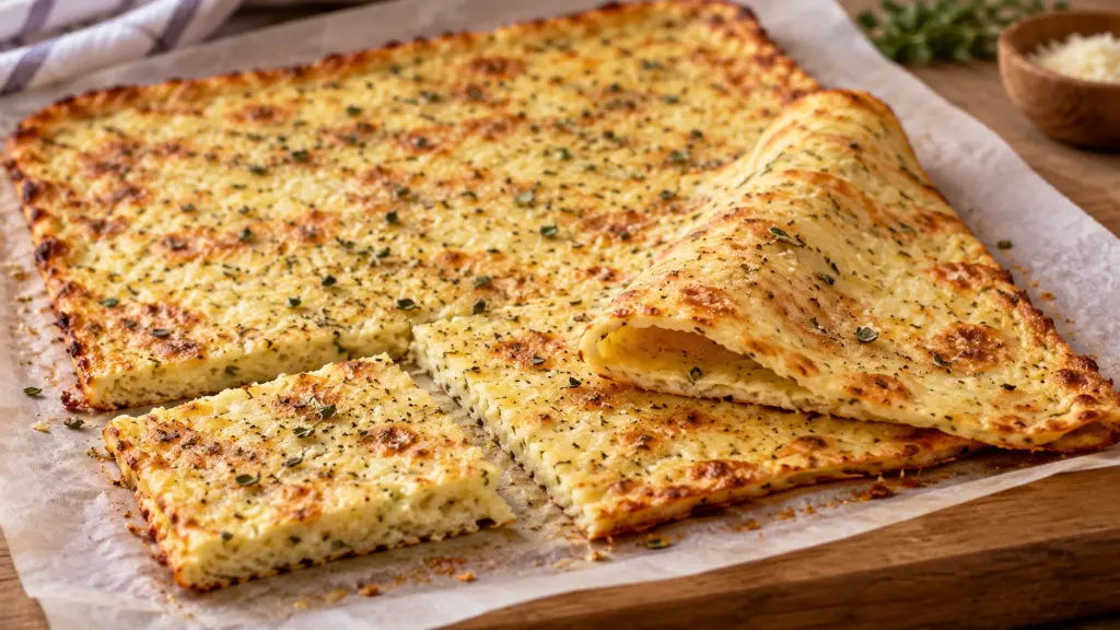 Thin golden herb-speckled cottage cheese flatbread folded on parchment