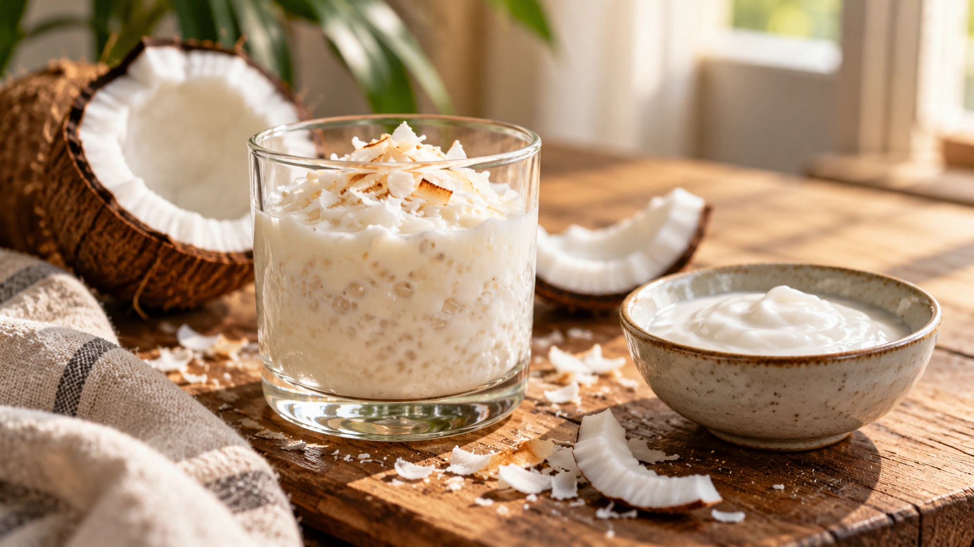 Coconut dessert topped with flakes beside a small bowl of white coconut cream.