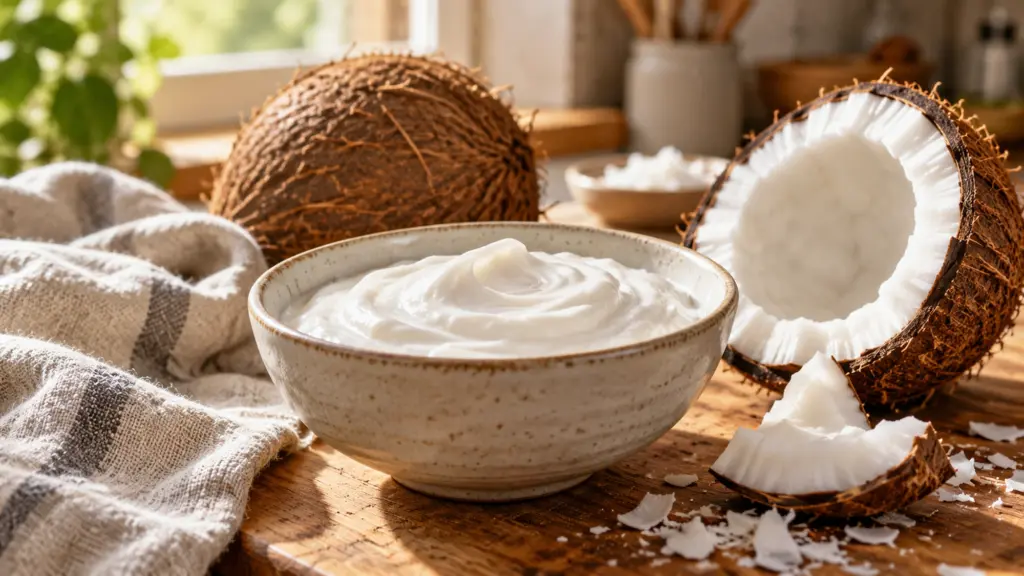 Thick white coconut cream in a ceramic bowl beside a coconut half.