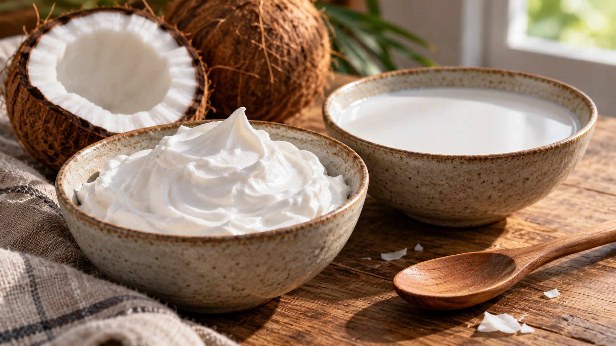 A bowl of thick white coconut cream beside a bowl of fluid coconut milk.