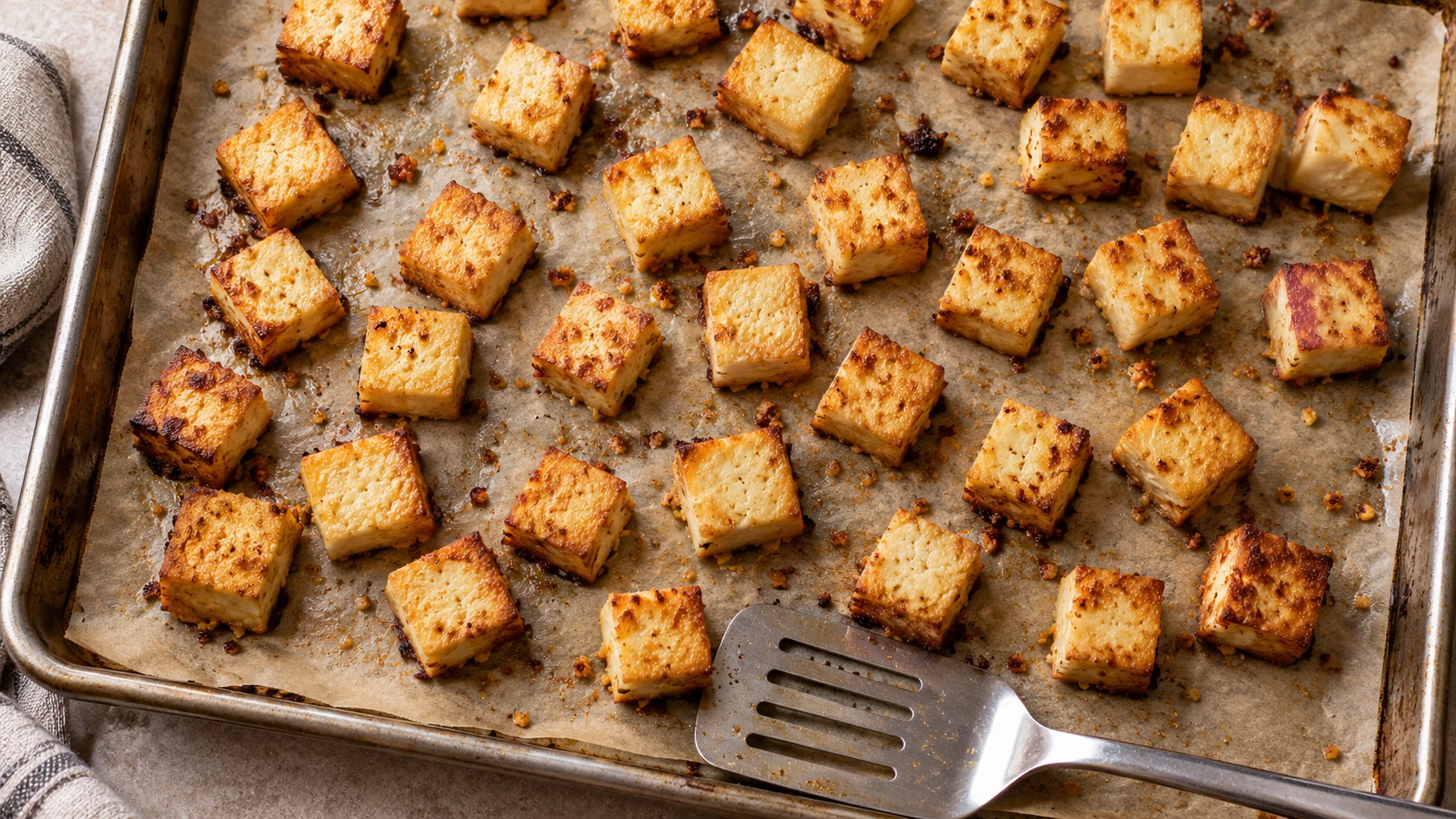 Crispy baked tofu cubes spaced apart on a parchment-lined baking sheet