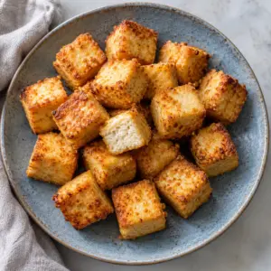 Crispy baked tofu cubes on a blue-gray plate with one tender center exposed