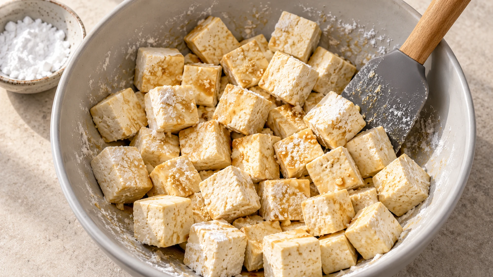 Raw cubes prepared for crispy baked tofu with a thin cornstarch coating