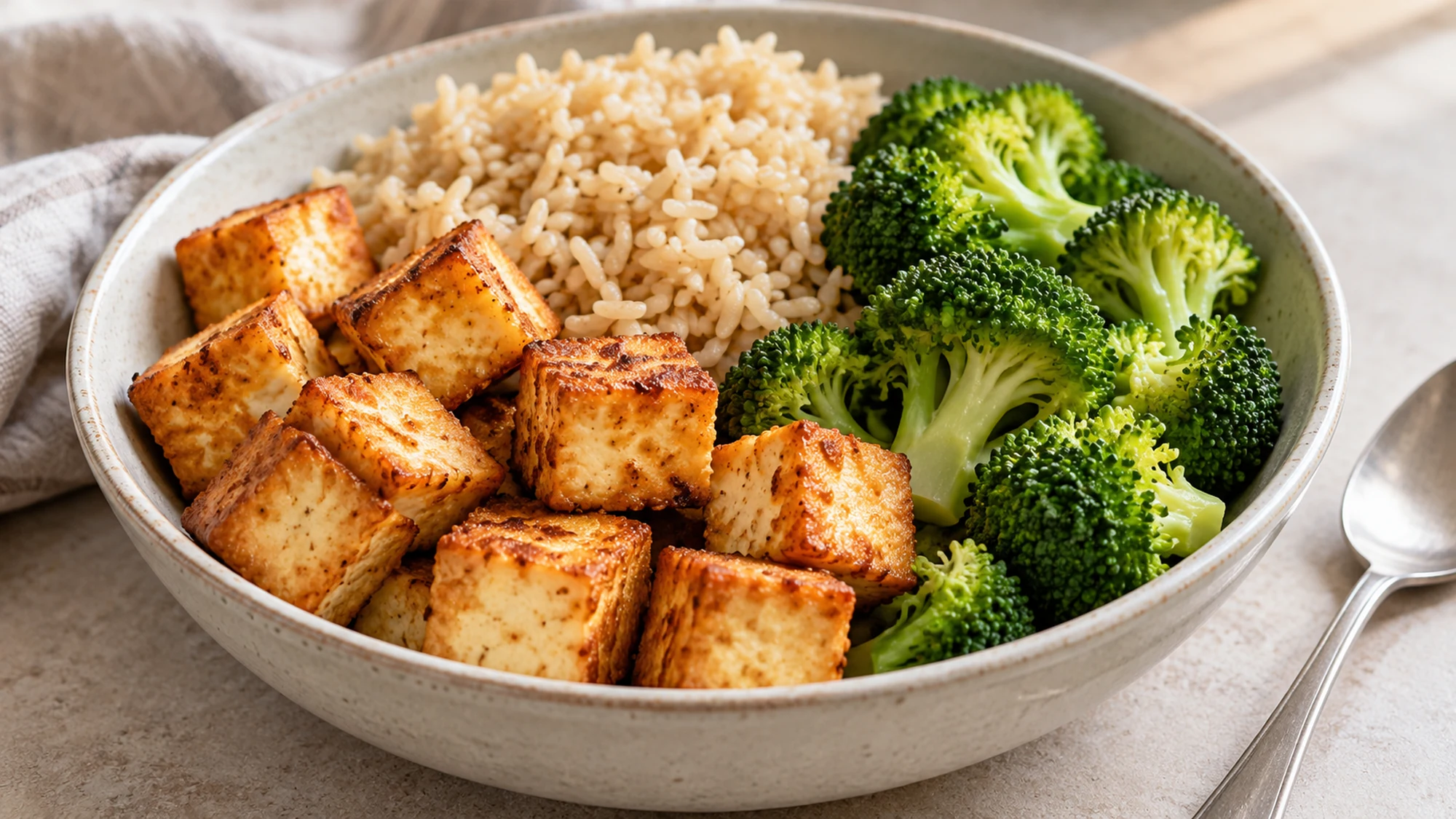 Crispy baked tofu served with brown rice and steamed broccoli
