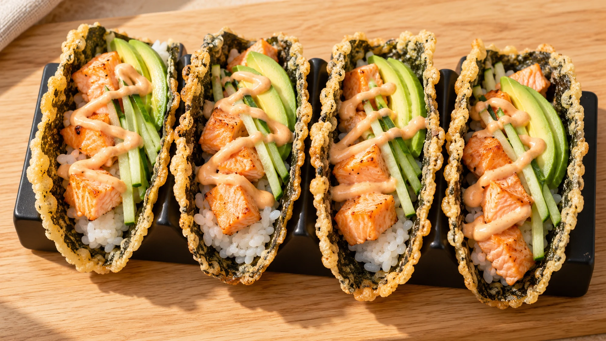 Crispy nori sushi tacos filled with rice and cooked salmon on a wooden board