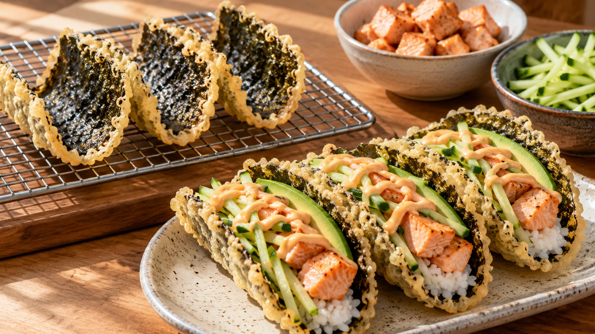 Crispy nori sushi tacos beside empty golden shells draining on a wire rack