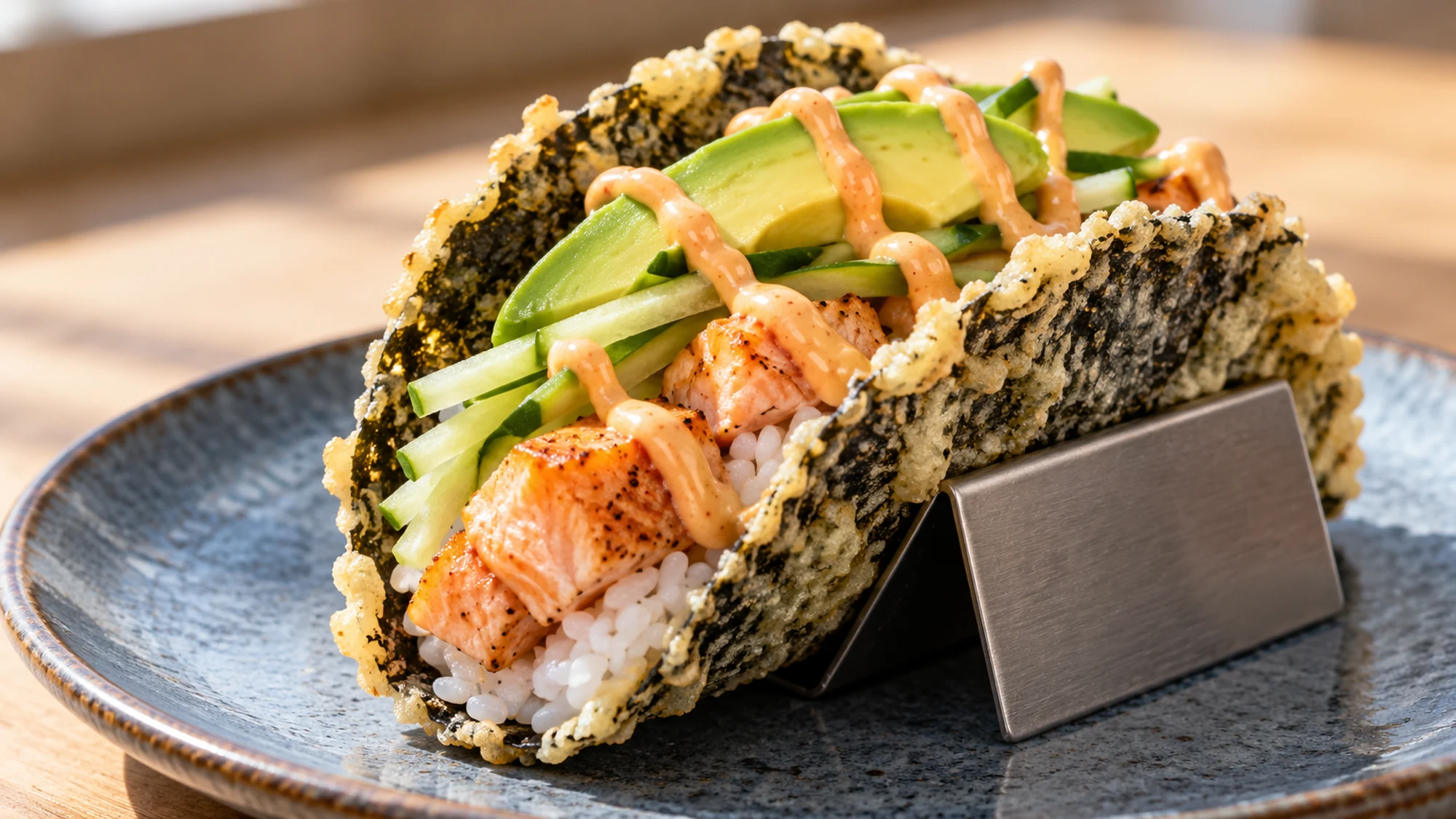 Crispy nori sushi tacos in a holder showing cooked salmon and avocado filling
