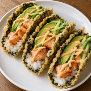 Crispy nori sushi tacos with golden battered seaweed shells on a white plate