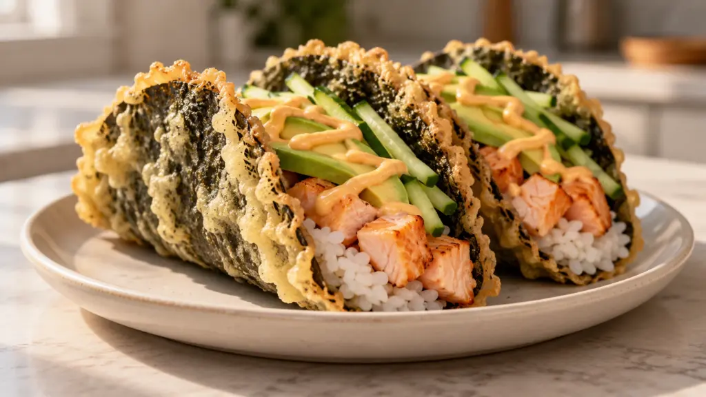 Crispy nori sushi tacos with cooked salmon, avocado and cucumber in golden shells