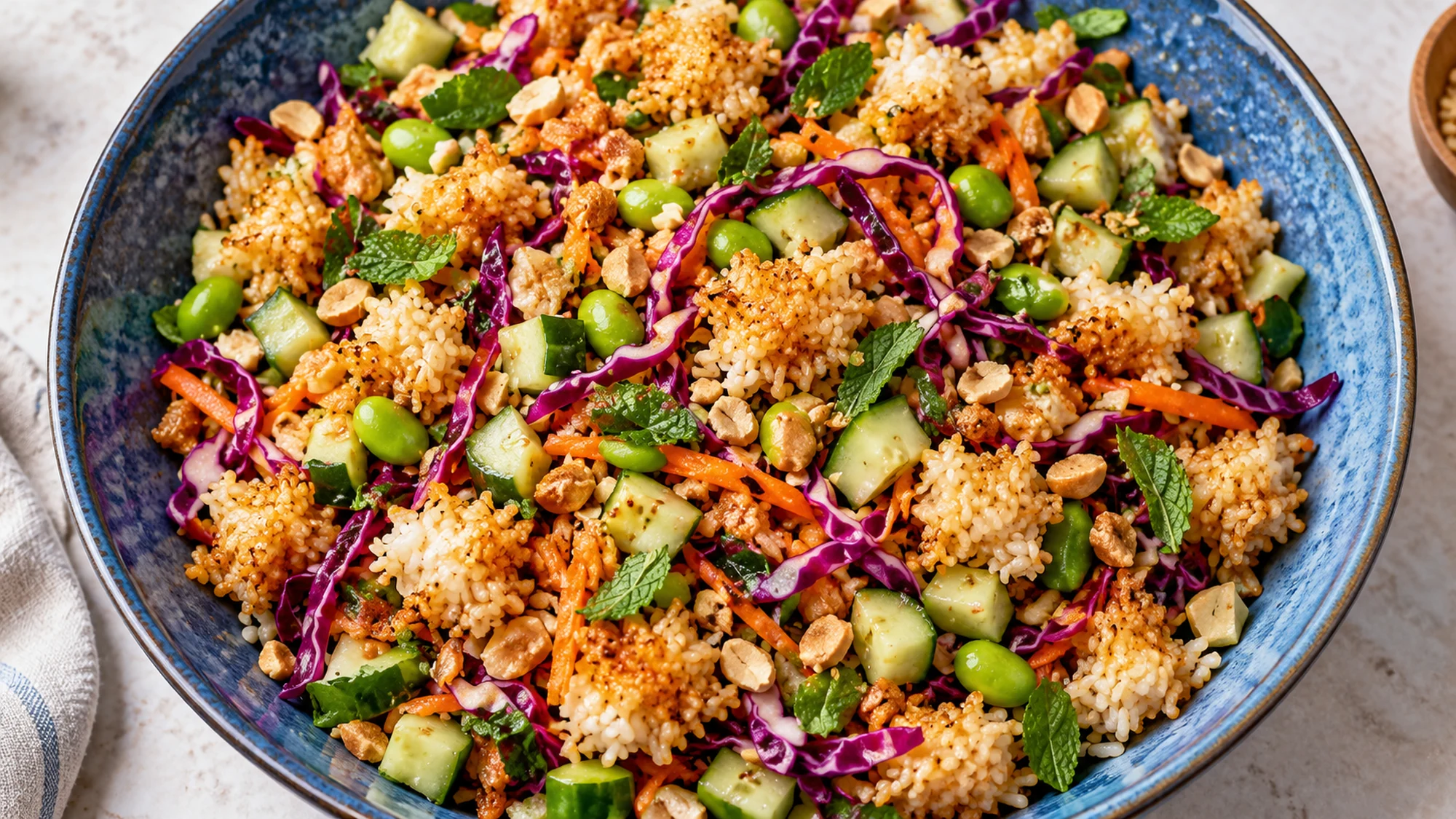 Crispy rice salad with cucumber, mint and peanuts in a blue serving bowl
