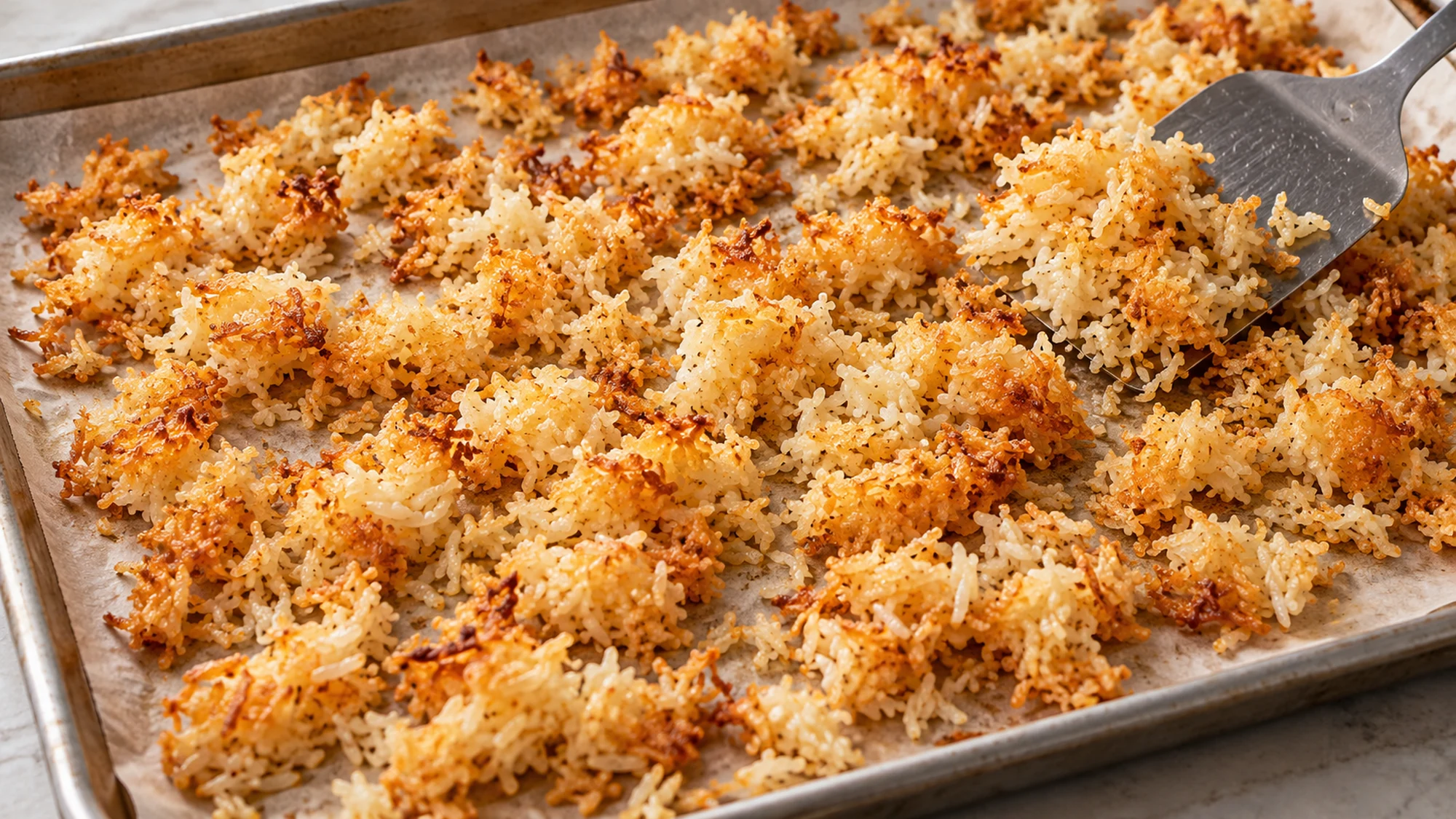 Golden rice clusters on a parchment-lined sheet pan for crispy rice salad