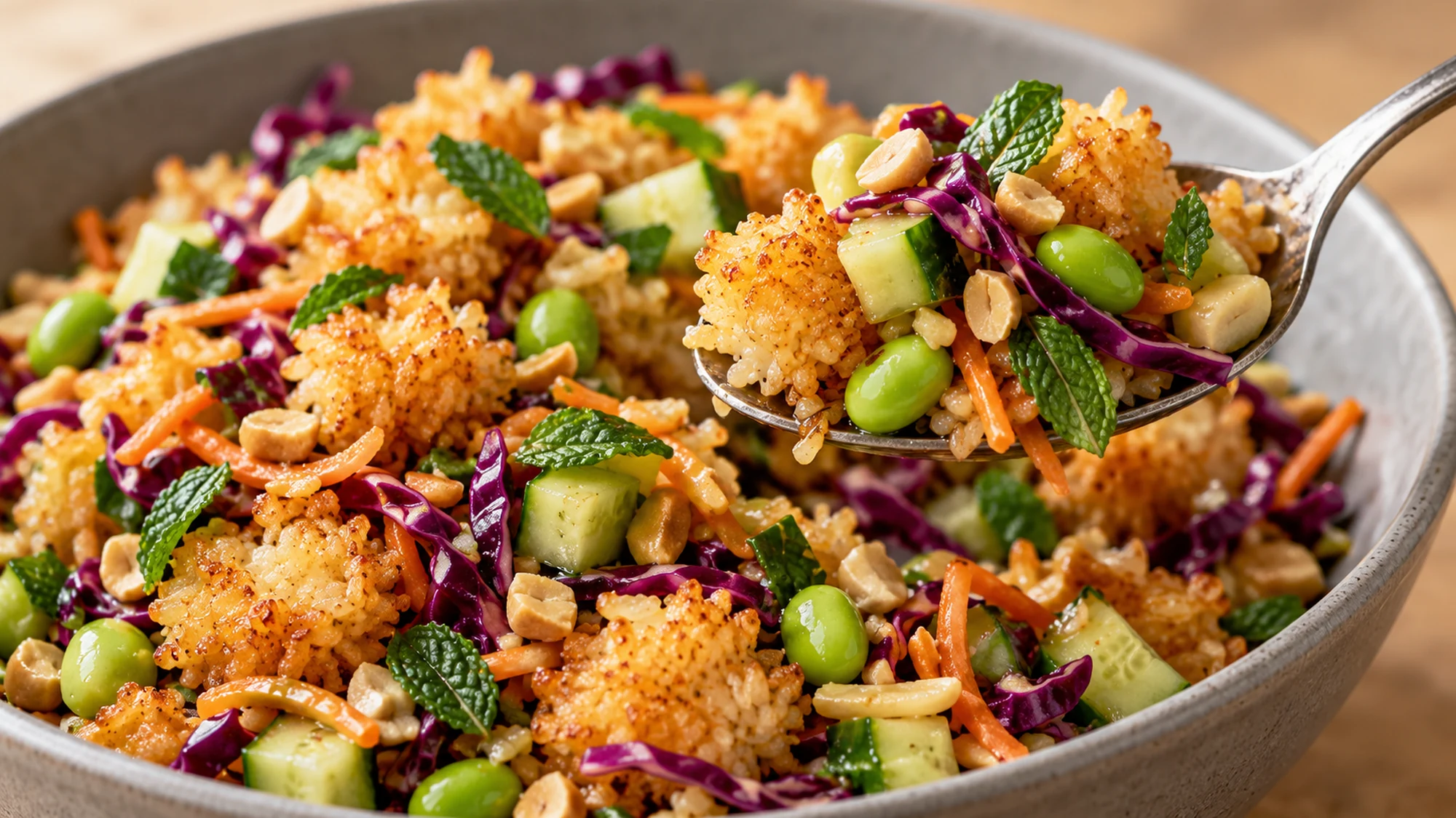 A spoon lifting crispy rice salad with edamame, cucumber and red cabbage