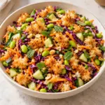 Crispy rice salad with ginger-lime dressing and colorful vegetables in a white bowl