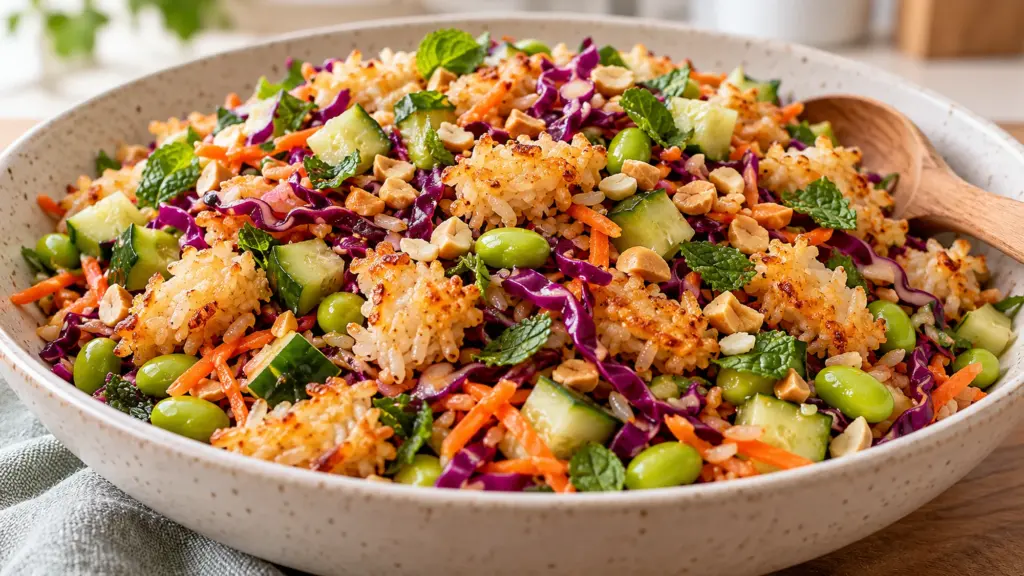 Crispy rice salad with golden rice clusters, edamame, cabbage, carrot and peanuts