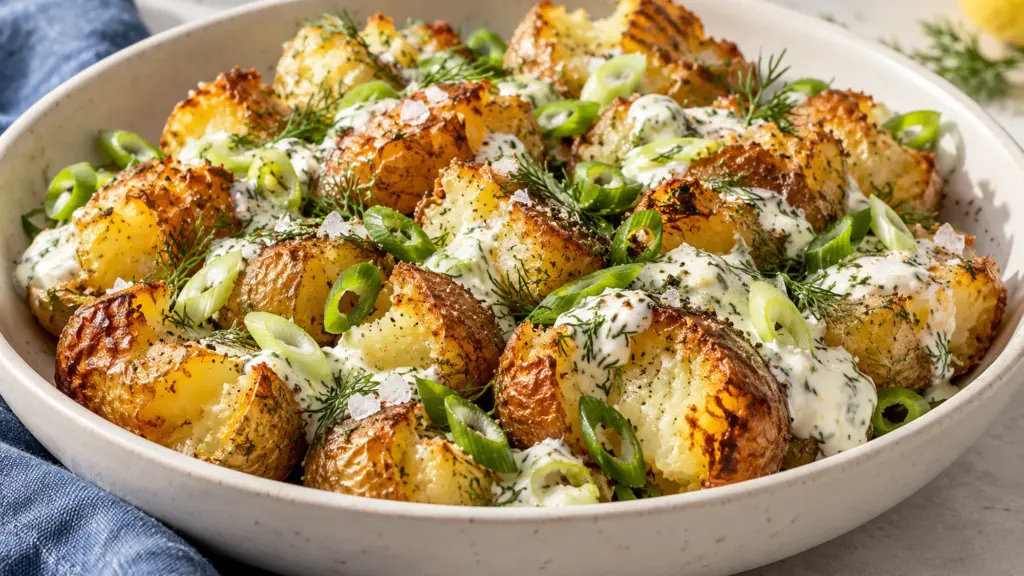 A bowl of crispy smashed potato salad with golden potatoes and a light dill yogurt dressing.