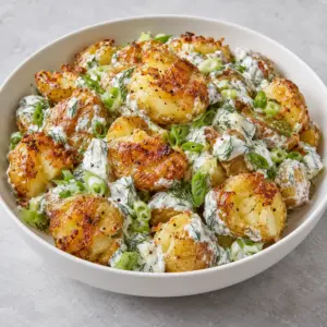 Crispy smashed potato salad with scallions, dill and creamy yogurt dressing.