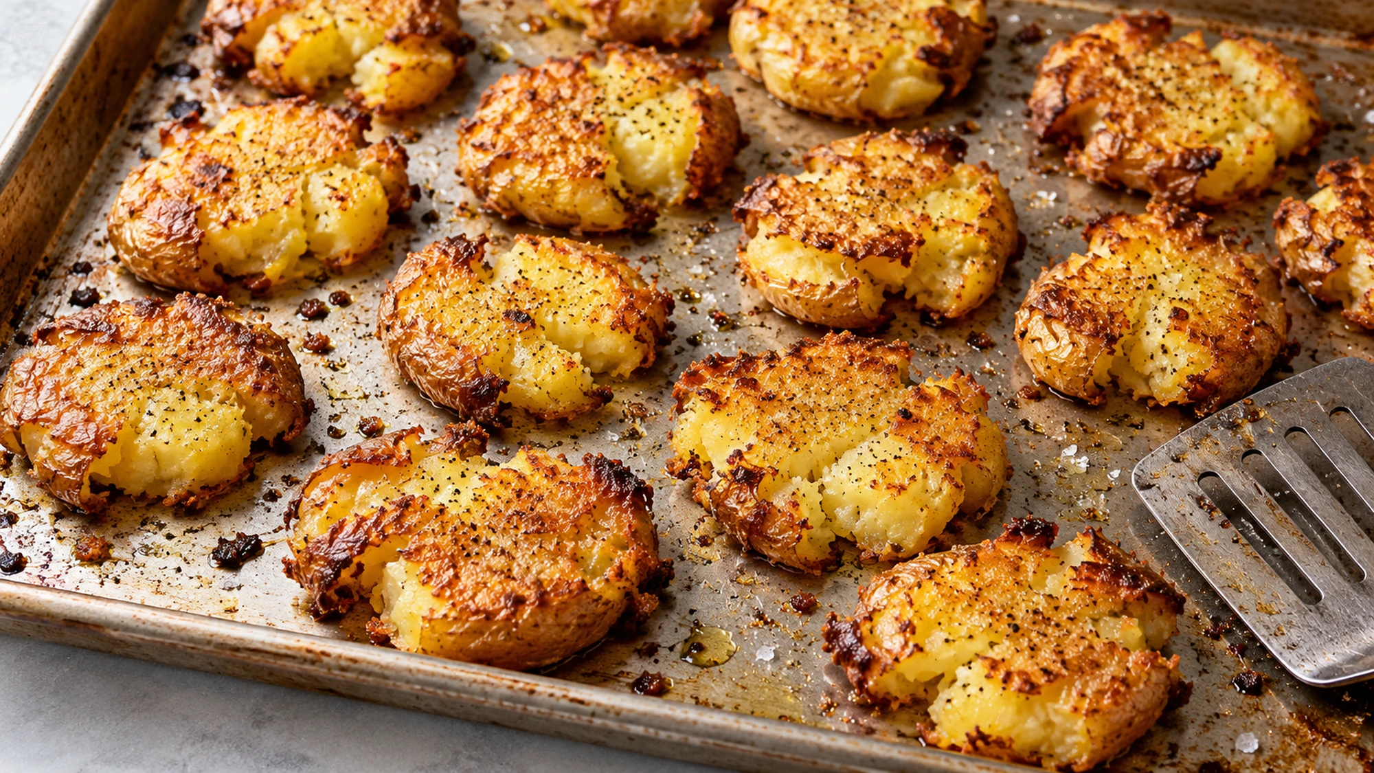 Smashed baby potatoes with golden edges on a rimmed baking sheet.