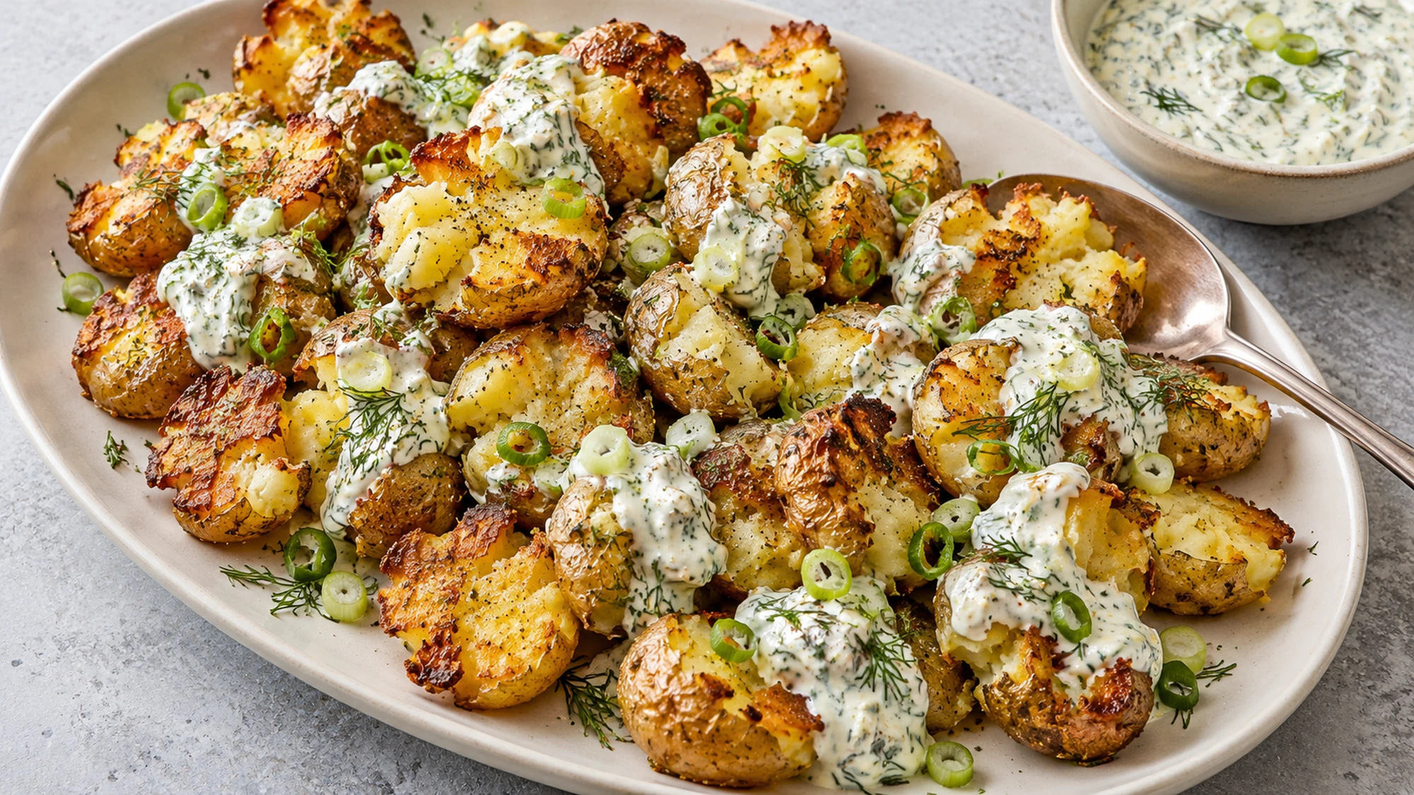 Crispy smashed potato salad on a platter with dressing served alongside.