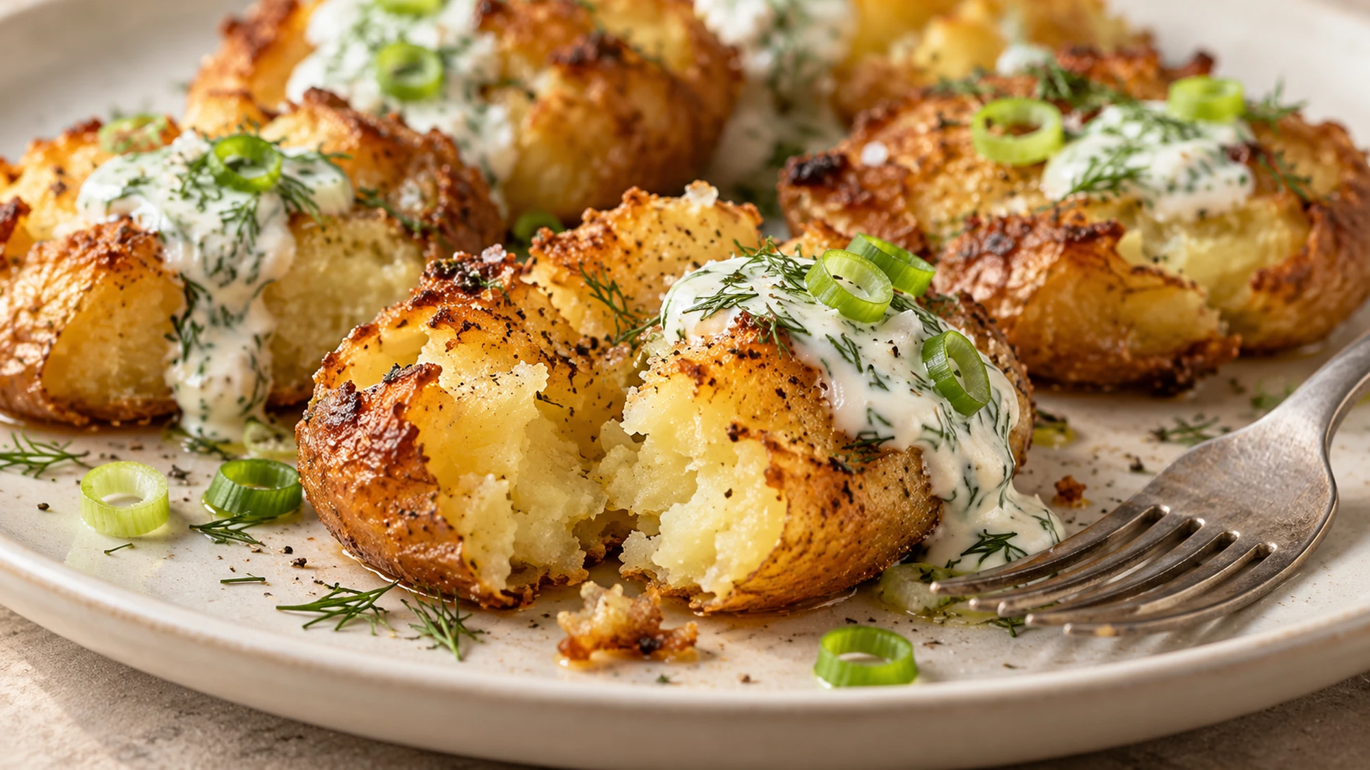 A broken roasted potato showing a fluffy center, crisp edges and dill dressing.