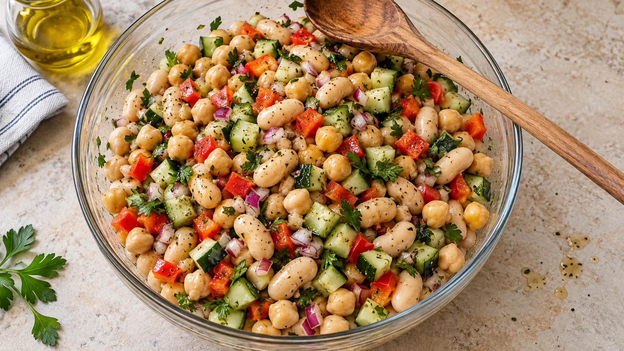 Dense bean salad mixed in a glass bowl beside a wooden serving spoon