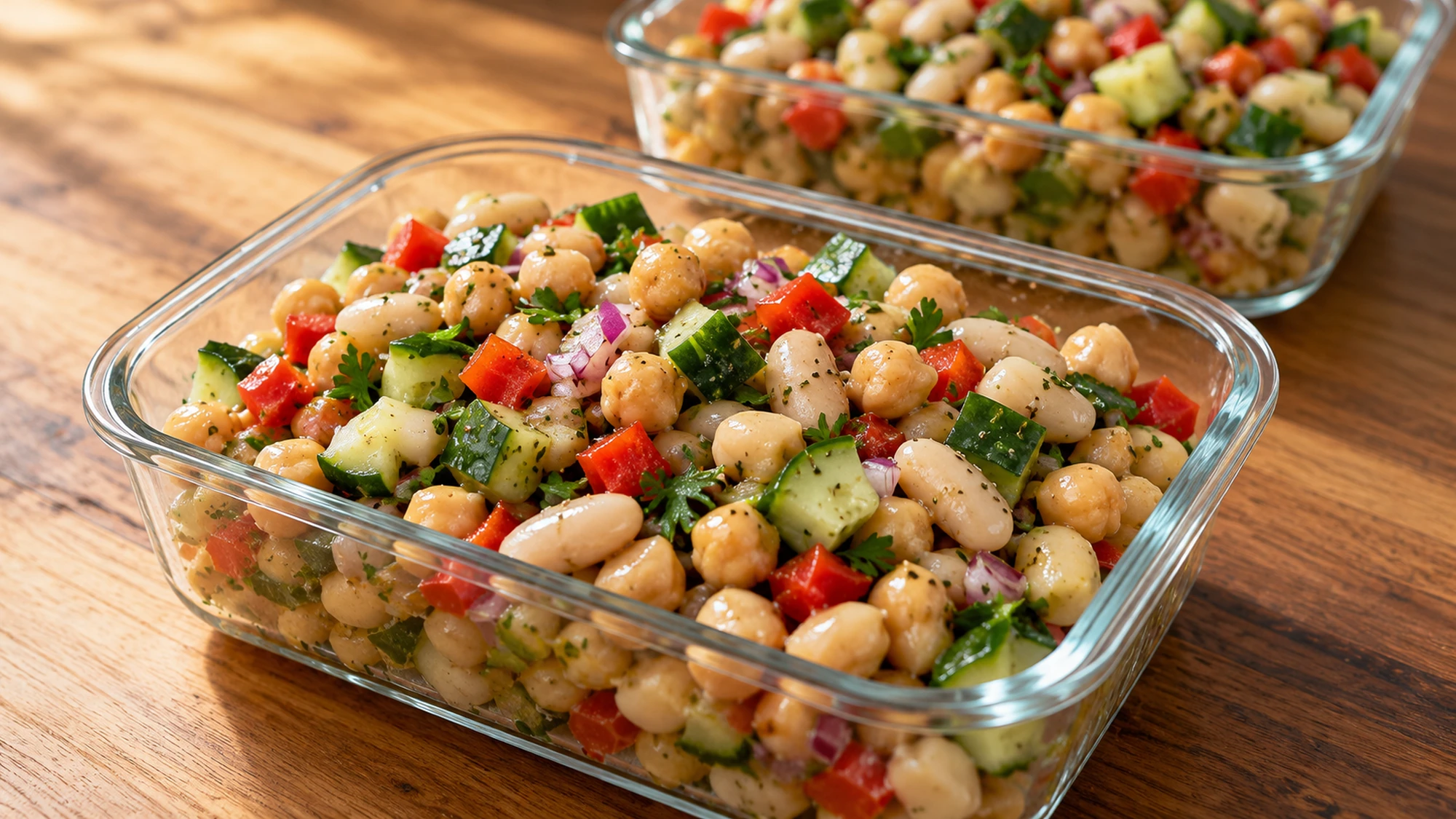 Dense bean salad portioned into glass lunch containers