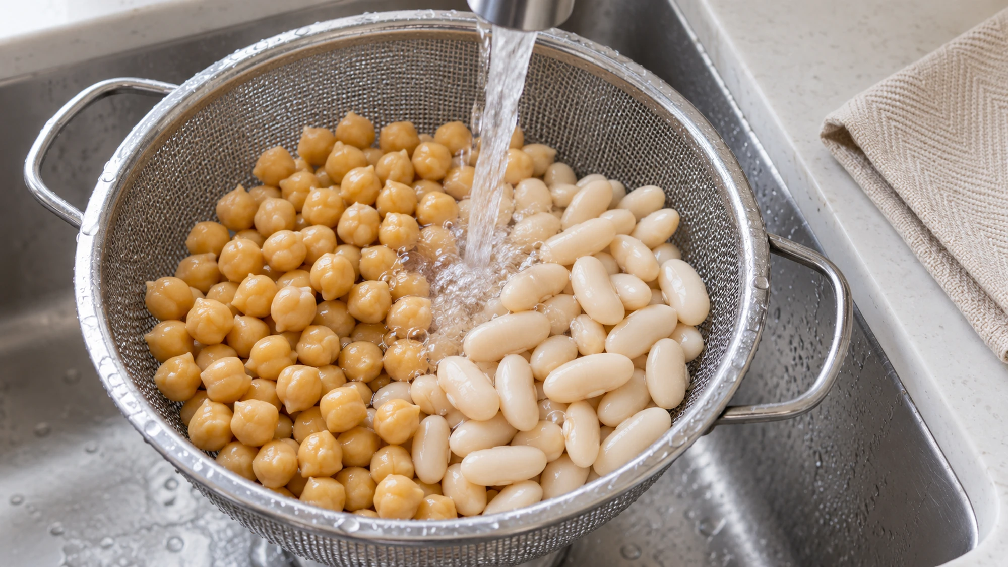 Chickpeas and cannellini beans being rinsed for dense bean salad