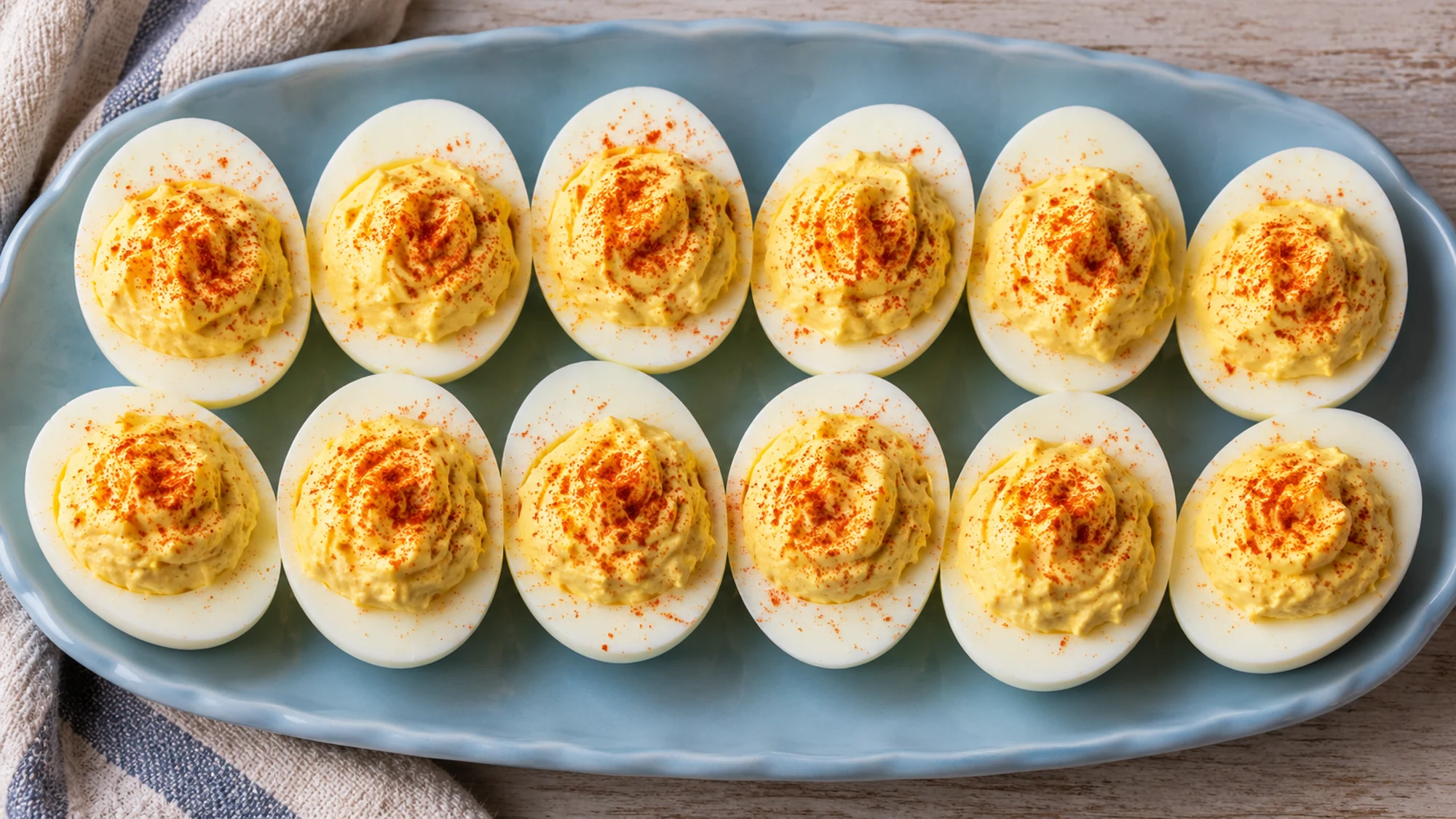 Twelve filled halves from a deviled eggs recipe arranged on a blue platter.