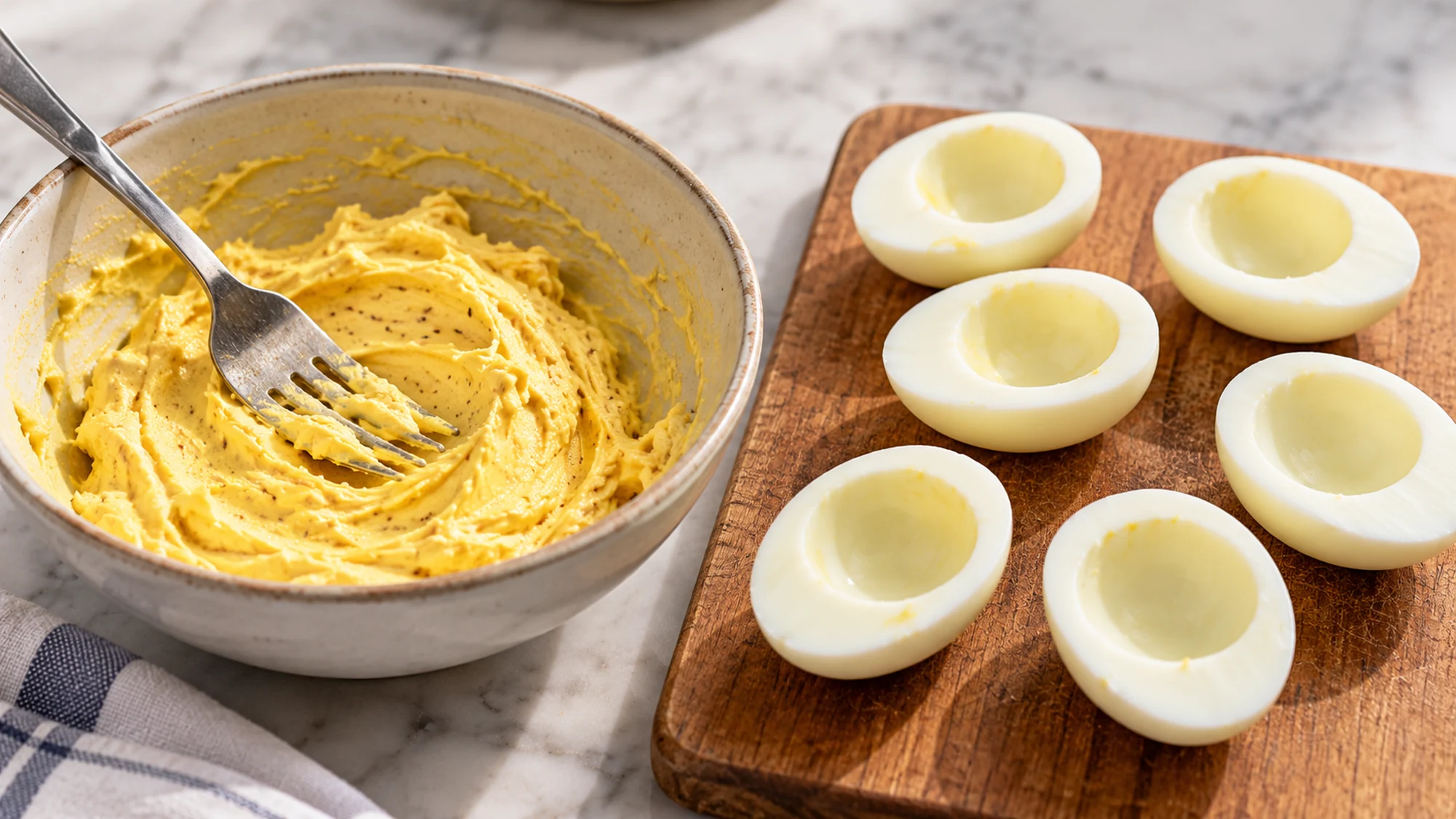 Mashed yolk filling beside empty egg whites for a deviled eggs recipe.