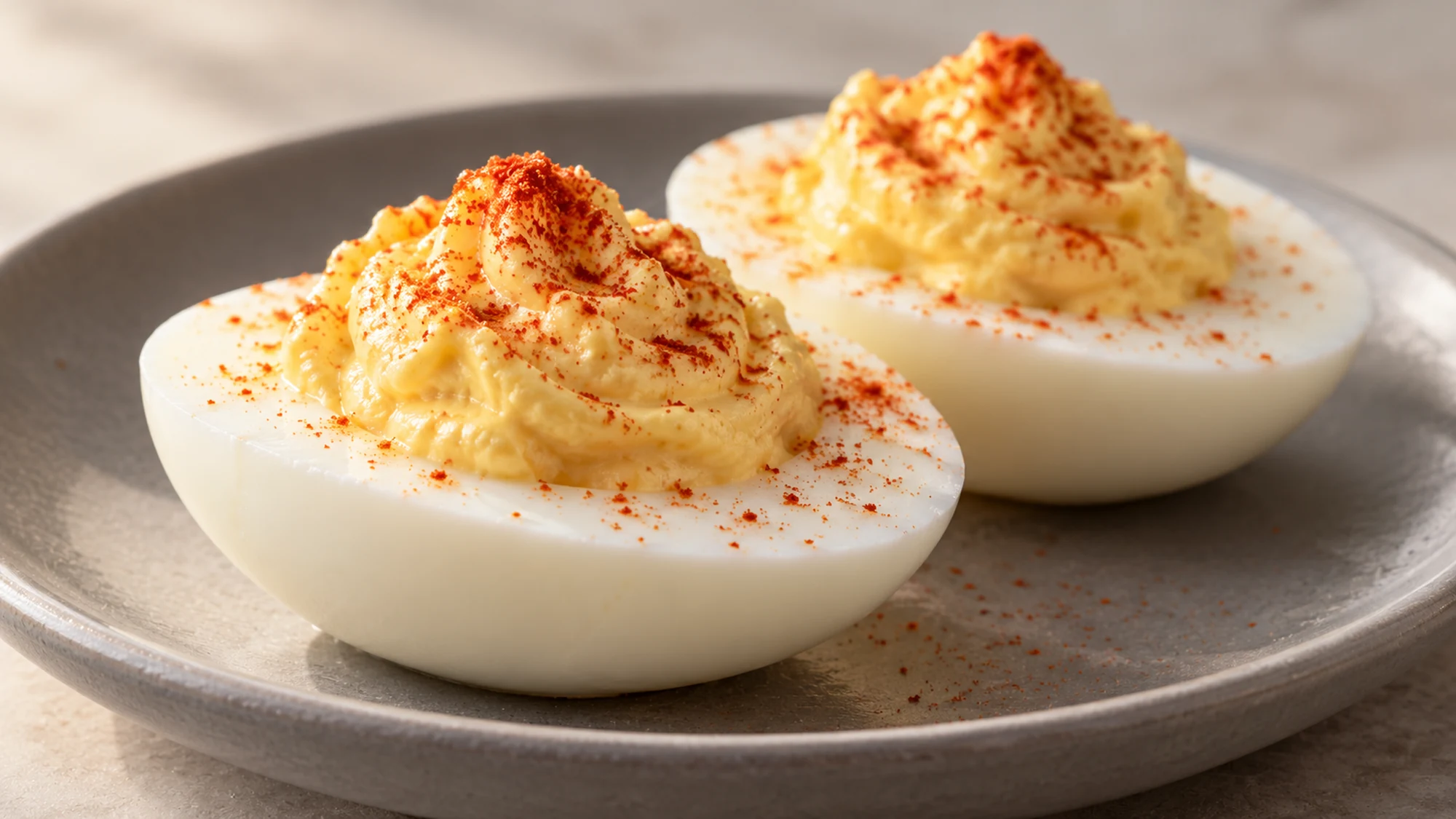 Two halves from a deviled eggs recipe with creamy filling and paprika.