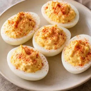 Deviled eggs recipe served as smooth filled halves with paprika on a white plate.