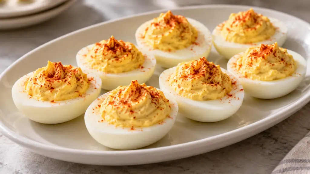 Deviled eggs recipe with paprika-dusted filling on a serving platter.