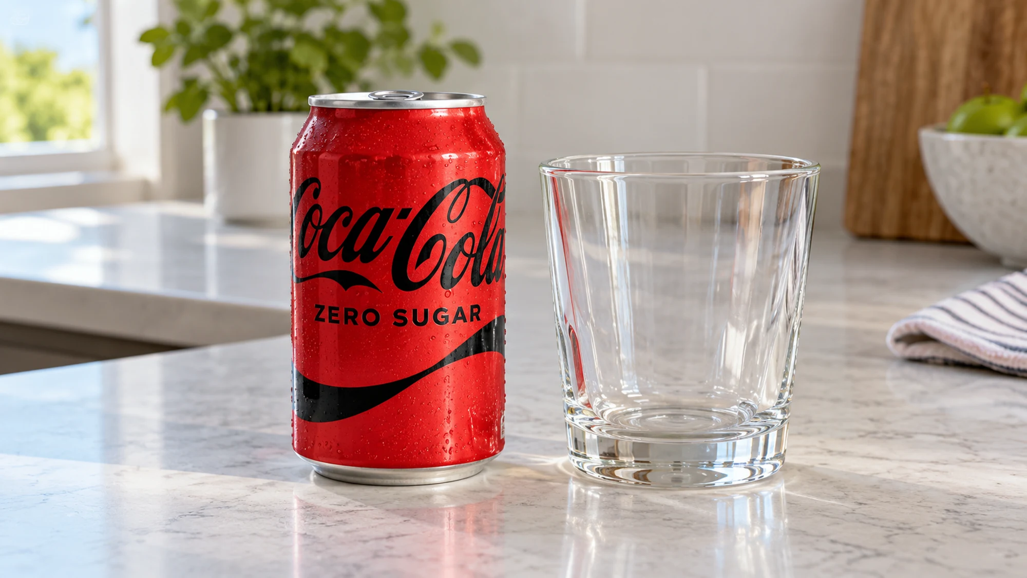 Coca-Cola Zero Sugar can beside an empty drinking glass