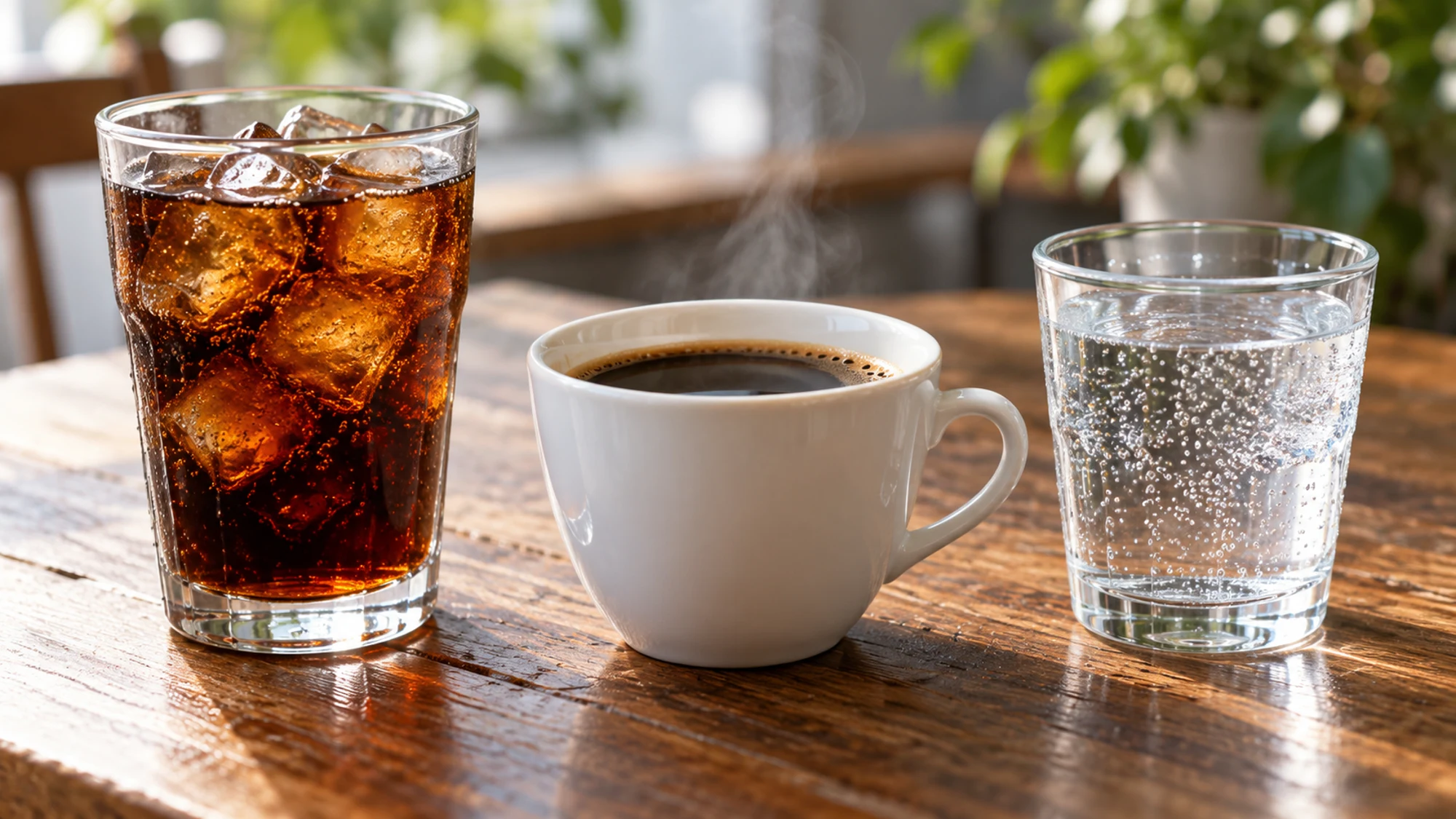 Cola, black coffee and sparkling water on a table