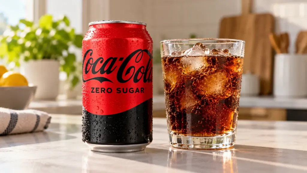 Does Coke Zero have caffeine guide showing a can beside cola with ice