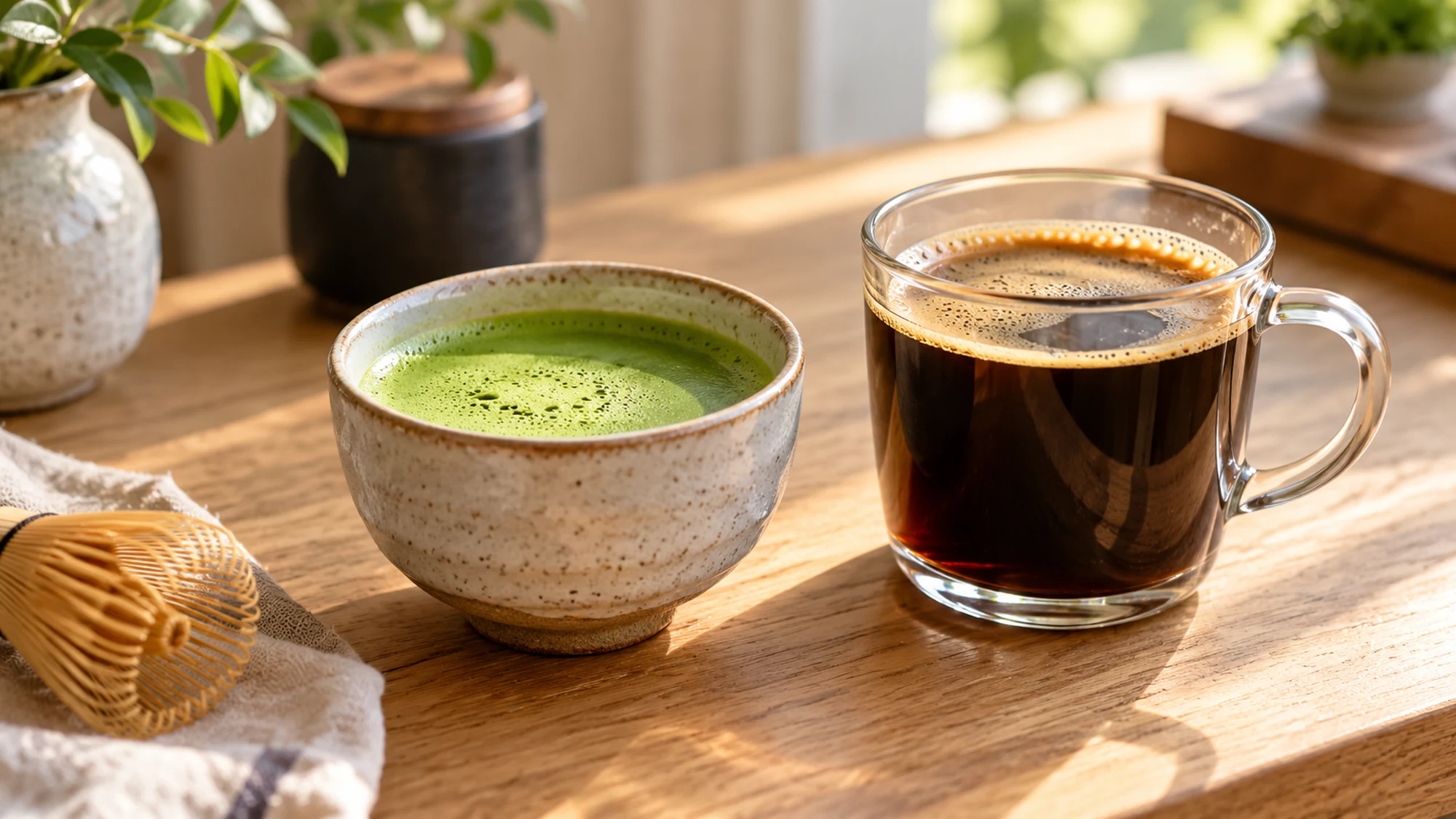 A bowl of green matcha beside a glass cup of black coffee.