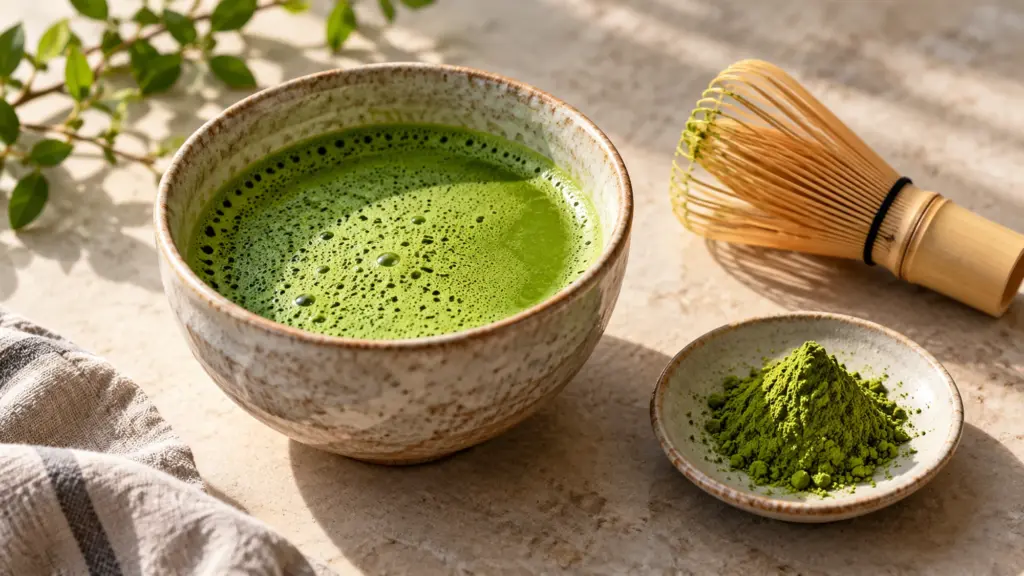 Whisked matcha in a ceramic bowl beside dry matcha powder and a bamboo whisk.