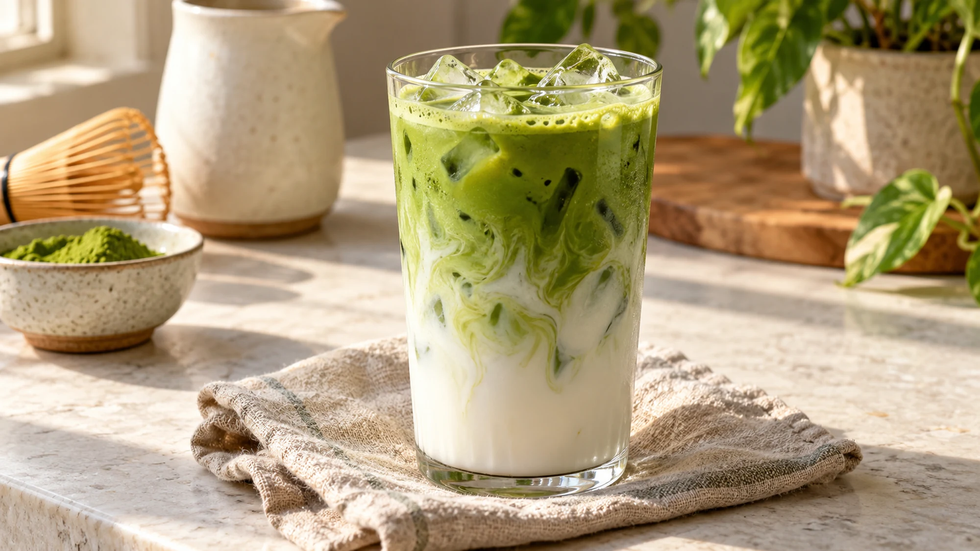 Iced matcha and milk layered in a tall clear glass.