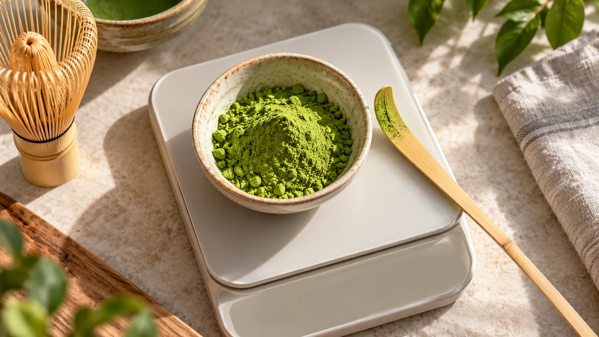A bowl of matcha powder on a kitchen scale beside a bamboo scoop.