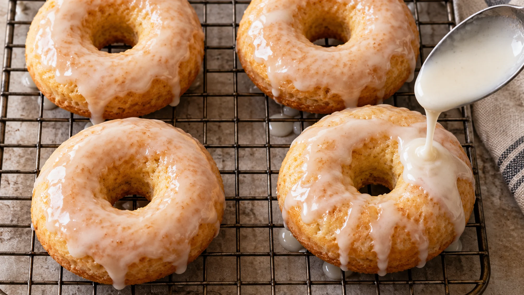 Baked donuts on a wire rack with a spoon adding a thin vanilla glaze