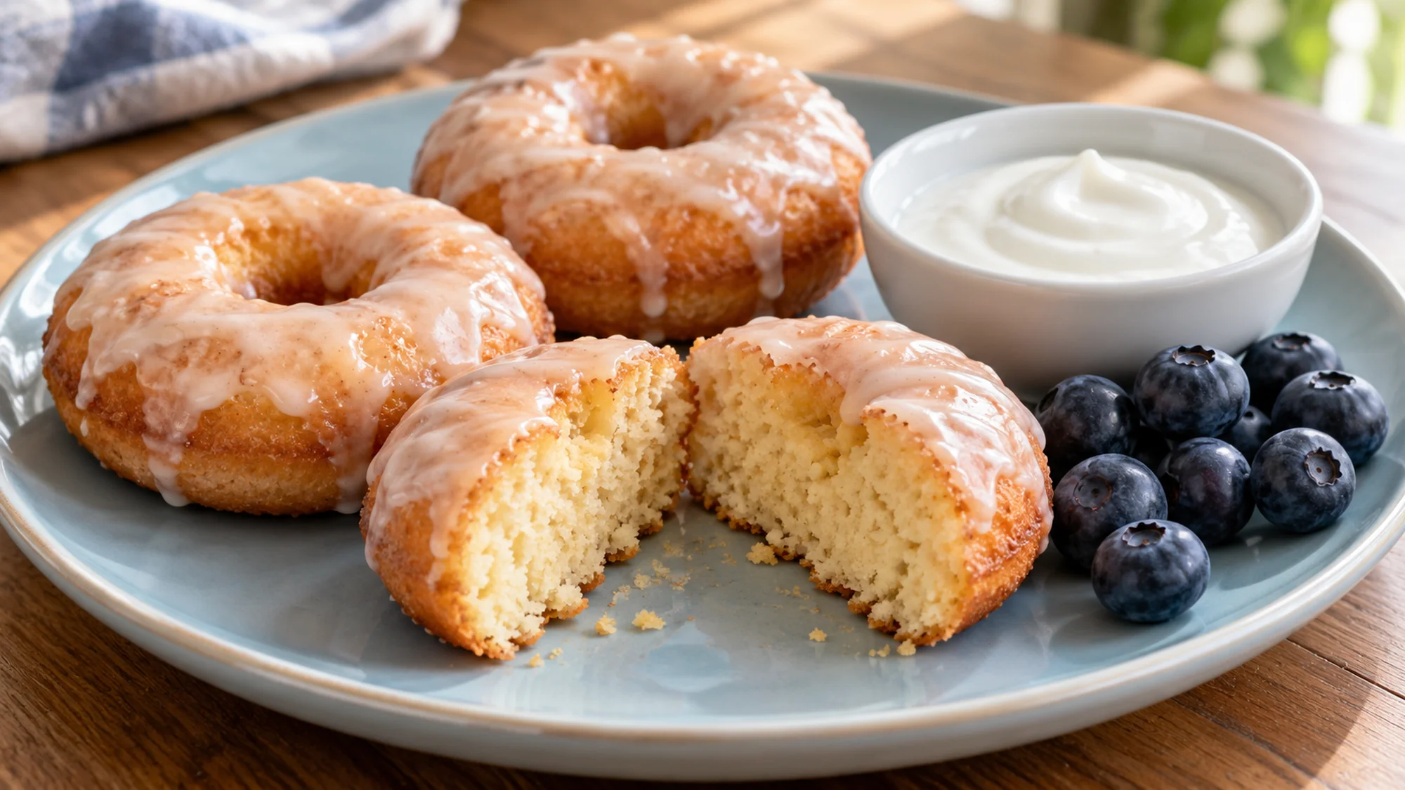 Glazed donuts with a cut cake center beside separate yogurt and blueberries