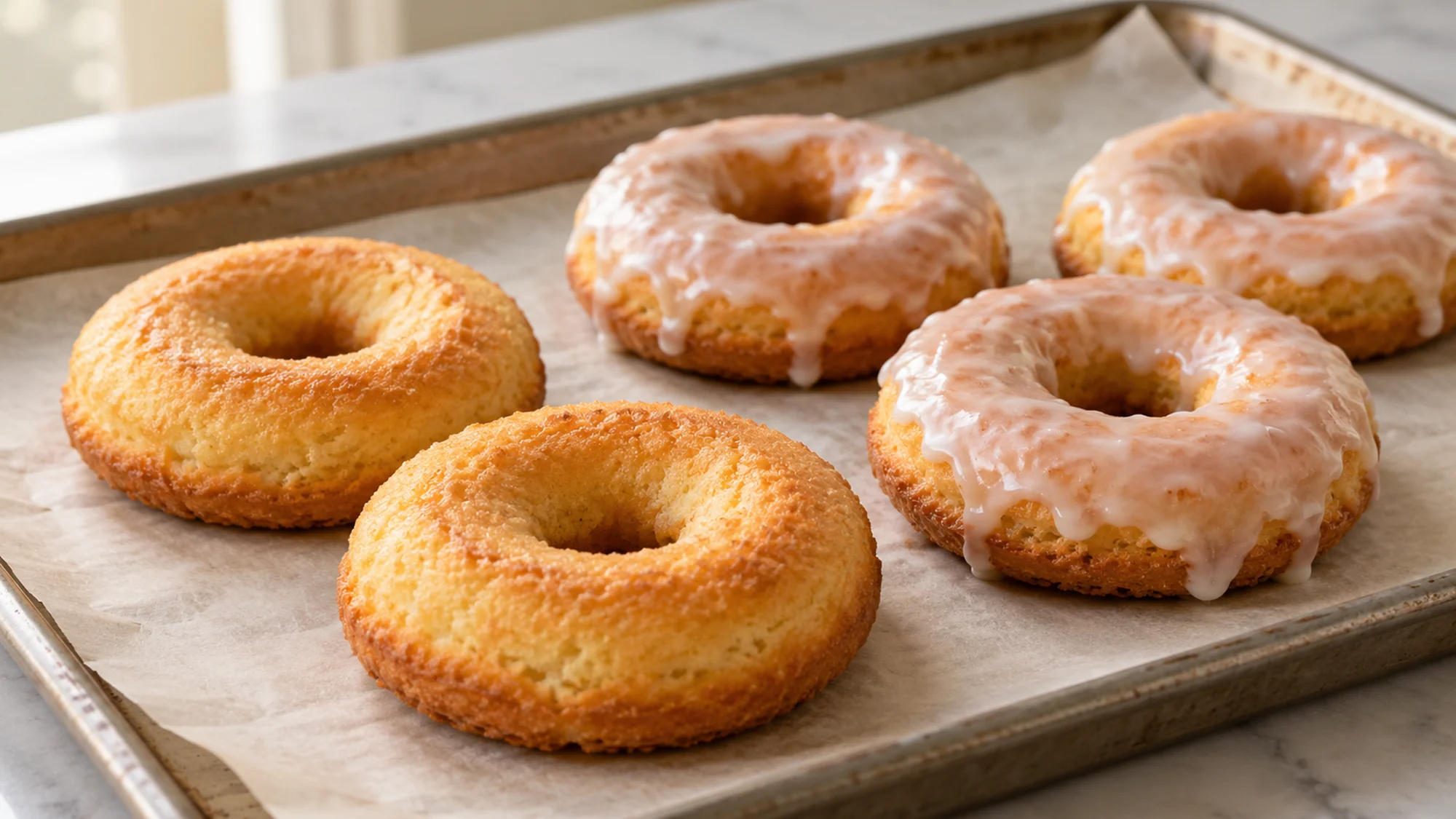 Plain and vanilla-glazed baked donuts together on a parchment-lined tray