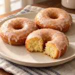 Baked donuts with vanilla glaze and a cut ring showing tender sour cream crumb