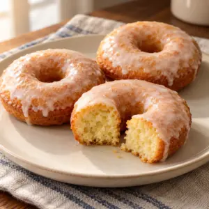 Baked donuts with vanilla glaze and a cut ring showing tender sour cream crumb