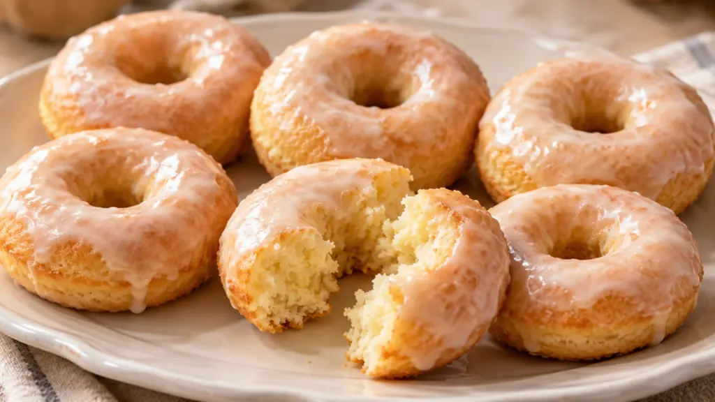 Baked donuts with thin vanilla glaze and a broken ring showing tender cake crumb