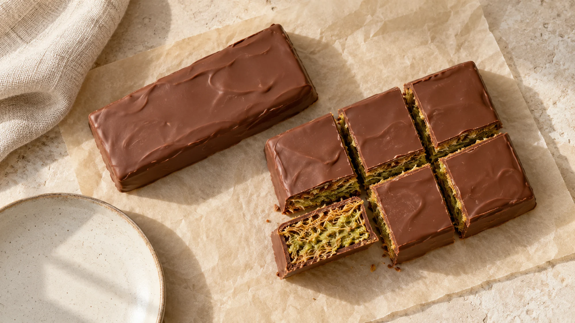 Dubai chocolate bar divided into pieces beside a whole molded bar.