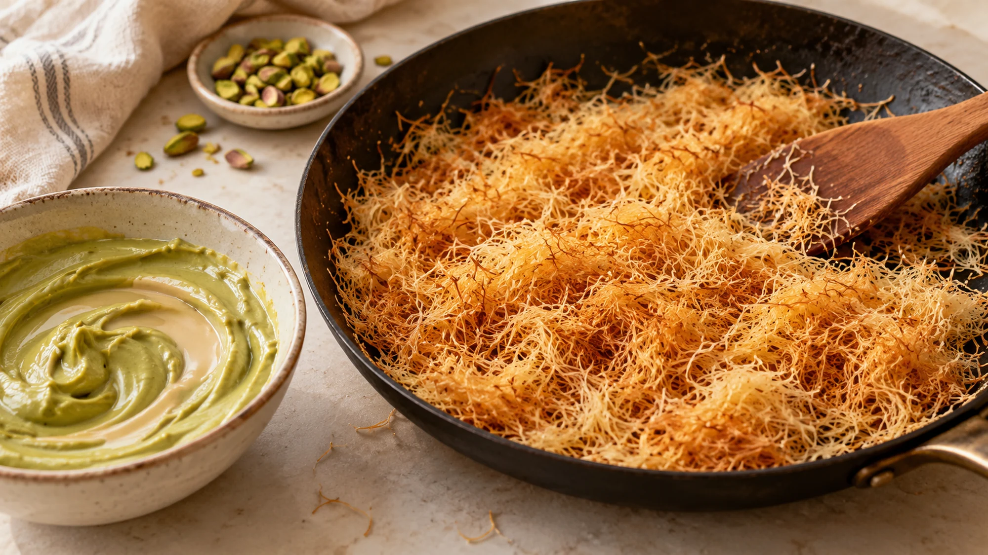 Golden toasted kataifi in a skillet beside pistachio cream for a Dubai chocolate bar.