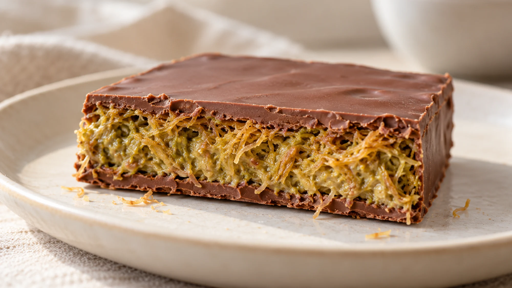 Dubai chocolate bar showing a close view of its crisp pistachio-kataifi center.