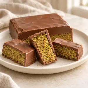 Dubai chocolate bar pieces with a milk-chocolate shell and pistachio-kataifi filling.