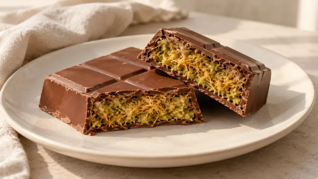 Dubai chocolate bar cut open to show its pistachio-kataifi filling.